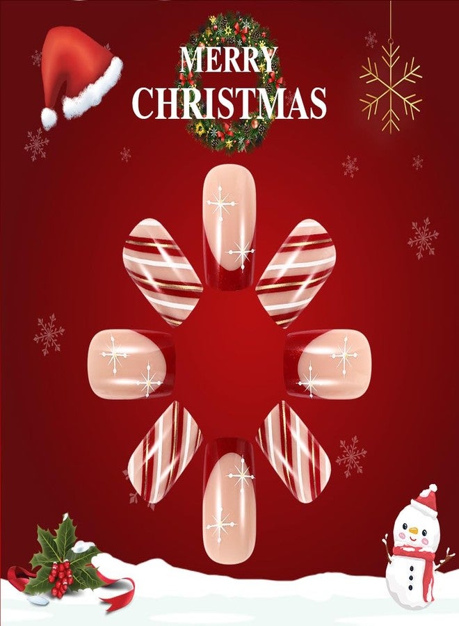 WAFOLOZE Christmas Nails - Square Press On Nails Medium Fake Nails With Santa Hat Striped Alphabet Snowflake Holly Berry Designs Acrylic Artificial Glue On False Nail Press Ons Stick On Nail for Women Girls - Image 4